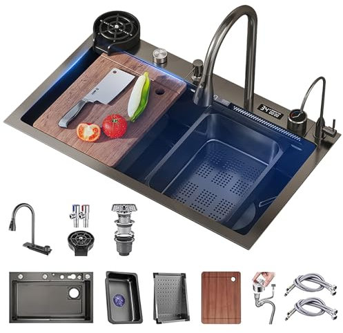 65x50cm Fregadero Cocina Cascada, Inoxidable Gran Fregadero Sobre Encimera, 1 Seno Gran Fregadero, Con Grifo Multifuncional Y Varios Accesorios