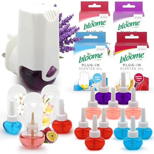 Bloome 4pk Plug-In + 11 Assorted Plug In Refills Scented Oil Air Freshener 20ml - Fragranced Oil Air Fresheners for Home, Bedroom, Office, Pet Odours, Kitchen, and Room Freshness