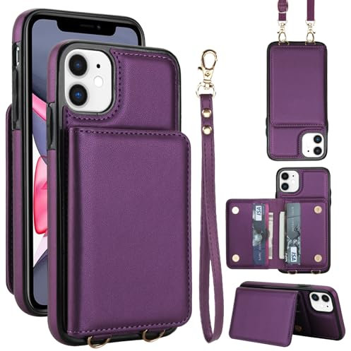 PU Leather Wallet Phone Case for iPhone 12 Mini, 4 Card Slots & 2 Cash Slots, RFID Blocking, Detachable Strap, Anti-Scratch & Shockproof Stand Cover(Dark Purple)