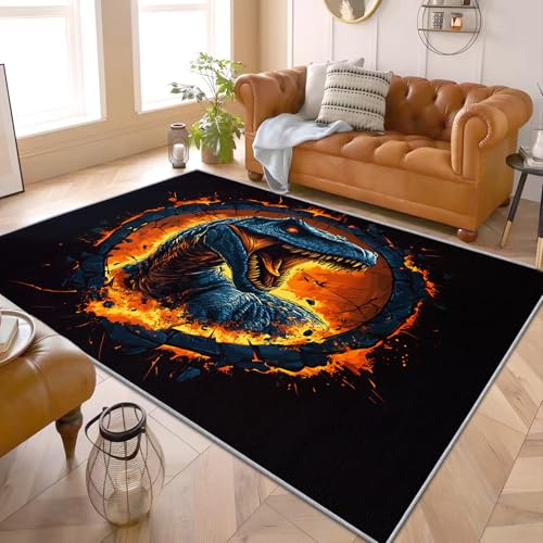 PaxGloz Dinosaurier Teppich Kinderzimmer - Waschbarer Großer Teppich Wohnzimmer 120x170 Kurzflor, Bettvorleger Schlafzimmer rutschfest, T Rex Teppiche für Kinderzimmer, Jurassic Deko