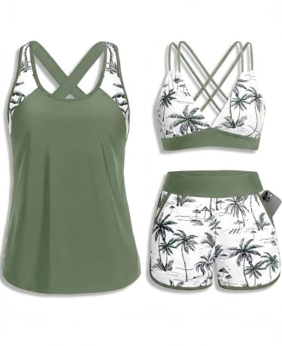 Daci Green Palm Tree Women 3 Piece Tankini Swimsuits - Tummy Control Tank Top with Bra Modest Bathing Suit with Pockets Boyshorts Bottom 2026 M