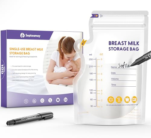 Septeamay 100 Pcs Breast Milk Storage Bag 250ml with a Black Marker | No Leak Milk Storage Bags, Store Flat or Stand, Pre-sterilised, BPA Free Breastmilk Storage Bag with Pour Spout for Freezer