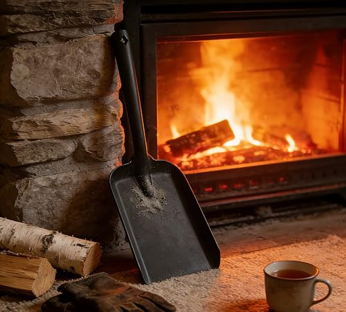 Calidola Large Fireplace Shovel, Extra Wide Ash Shovel for Fireplace, Heavy Duty Steel Coal Scoop with Raised Sides, 39.5cm Length, 13.5cm Width, Black Powder Coated