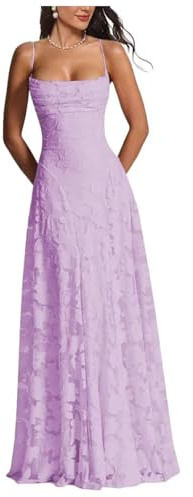 BessDress Spitzen-Applikation, Ballkleid für Damen, Spaghettiträger, langes Cocktailkleid, A-Linie, rückenfrei, formelle Kleider, Flieder, 32
