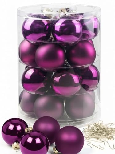 Inge Glas Weihnachtskugeln mit Haken | Schöne Christbaumkugeln aus Glas | Set 20 Kugeln und 40 Aufhänger | Christbaumschmuck Weihnachtsbaumkugeln (Purple Deluxe | lila)