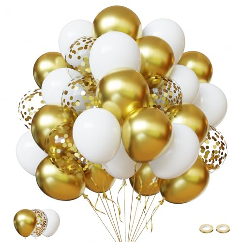 Luftballons Geburtstag Luftballons Gold Weiß FQZYLCH 60 Stück 12 zoll Weisse Latex Ballons Goldene Metallic Ballons Konfetti Ballons für Hochzeit Verlobung Ruhestand Abschluss Feier Deko