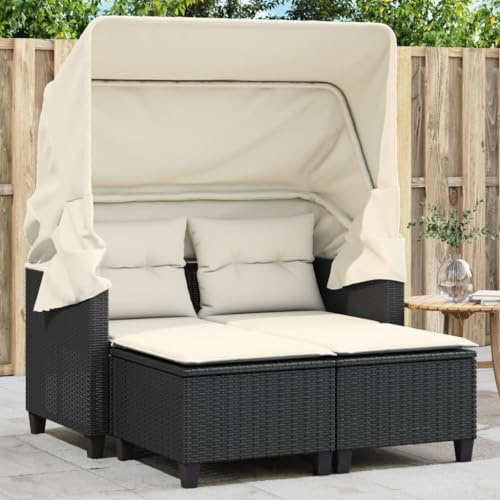 Hoopleep Gartensofa 2-Sitzer mit ausziehbarem Dach, Schwarz Poly Rattan Loungesofa, inklusive 2 Hockern, UV-beständig, für Terrasse und Balkon, 123x65x155 cm Set