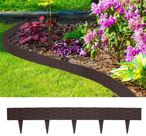 TATIVALO Rasenkante Kunststoff 10m Rattan-Optik Braun 10 Stück Gartenkante | Beetbegrenzung Beetumrandung Palisade, Randsteine, Fencepane,Gartenpalisade, Beetzaun,Wetterfest & UV-beständig