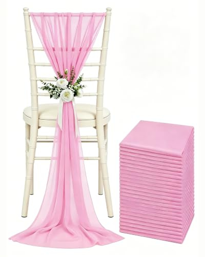 24 Pièces Écharpes de Chaise, Mousseline de Soie Nœud de Chaise, 20*275cm | Rose Decoration Chaise Mariage, Lavables en Machine, Infroissables Décoration Pour Anniversaires Banquets