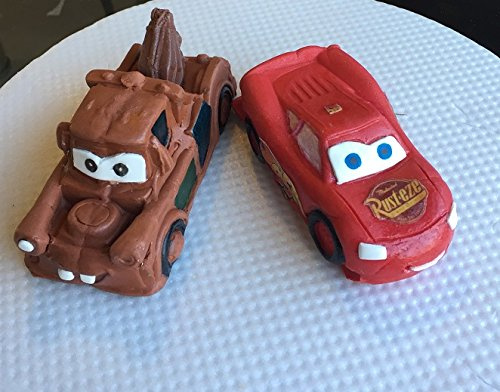 Large Edible Sugar Cars ; Lightning Mcqueen, Mater; Rip Formula 1 Racing Car; Kids Character Cars; 3D Handmade Birthday Etc Cake Topper/Decoration (E. 2 Cars (Lightning Mcqueen & Mater))