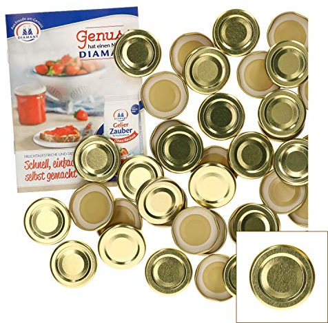 MamboCat 50er Set Deckel to 43, passend für 37 ml / 53 ml Gläser, Gold lackiert, Schraubdeckel für Sturzgläser, mit Gummidichtung incl. GRATIS Diamant-Zucker Rezeptheft