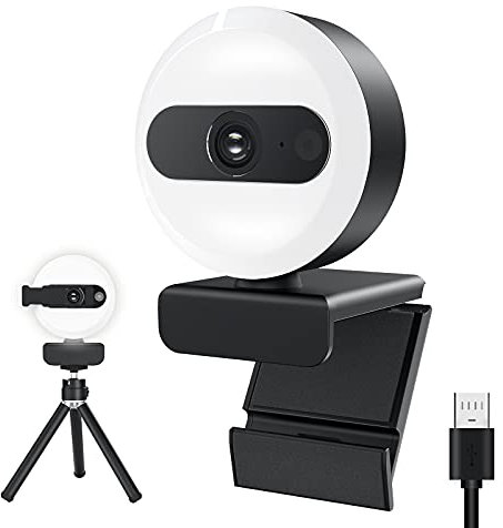 2K webcam pour pc, Caméra de Streaming avec éclairage Circulaire/trépied/Microphone, streamcam 360° Rotation, Protection de la Vie Privée, USB 2.0 Plug&Play, web camera pour ordinateur vidéoconférence