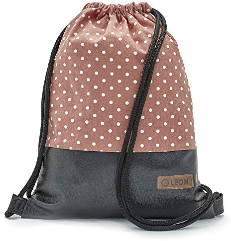 By Bers Leon großer Premium Turnbeutel mit Innentaschen Rucksack Tasche Damen Herren Teenager Gym Bag Draw String 45x34cm für Sport Reise Alltag Einkauf (Dots_ziegelweiß_SchwarzPU)