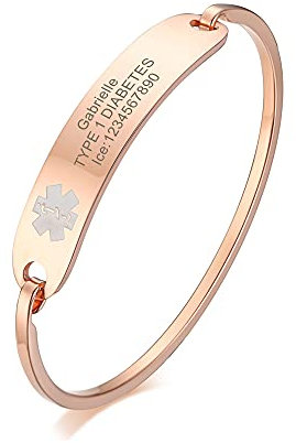 XUANPAI Personalisierte Edelstahl Öffnen Armreif Rose Gold Emergency Medical Alert ID Tag Armband Armband