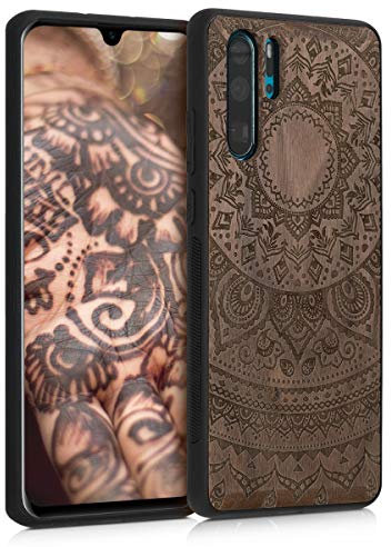 kwmobile Hülle kompatibel mit Huawei P30 Pro Hülle - Holz Case - Handy Cover - TPU Handyhülle in Dunkelbraun Indische Sonne