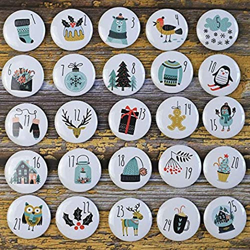 DAHI Adventskalender Zahlen Buttons Nummer 1-25 zum Weihnachtskalender selber basteln für Jutesäckchen, Anstecker Nadeln (25weiss)