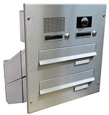 D-041 2er Edelstahl Mauerdurchwurf Briefkastenanlage mit Klingeln, Sprechsieb & Kamera (Tiefe: 23-38 cm) - LETTERBOX24.de