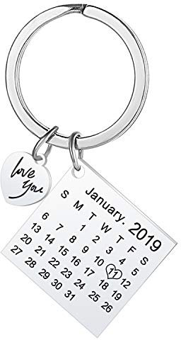 Schlüsselanhänger und Schlüsselanhänger, personalisierbar, personalisierbar, mit Kalendereingraviertem Datum, Edelstahl, als Geschenk für Jahrestage oder Hochzeitstag (Silber-Herz)