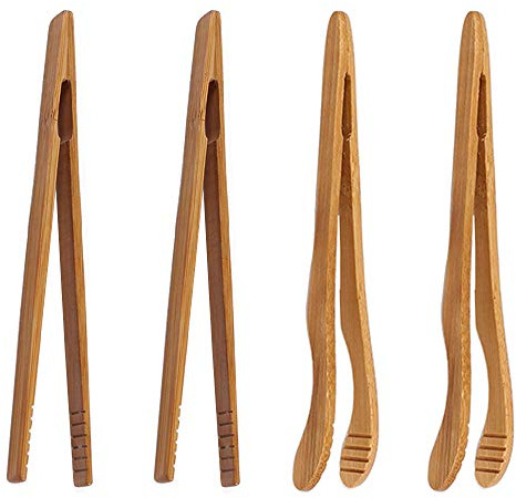 ONERUSUS 4 pack Bamboo Toaster Tongs - 7” Reusable Wood Cooking Tongs -Ideal Kitchen Utensil For Cheese Bacon Muffin Fruits Bread- Ultra Grip - Eco-friendly (Yellow-4 pcs)