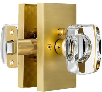 HIEMEY Glass Door Knobs Interior with Lock, Crystal Gold Door Knobs for Bedroom/Bathroom, Privacy Door Knob, Satin Brass, BS-017