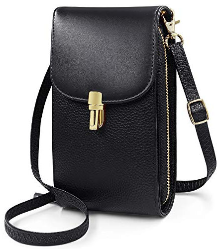 REETEE Damen kleines Handy Schultergurt aus echtem Leder Mini Handtasche Schultergurt Handytasche Frauen Geldbörse mit verstellbarem Schultergurt, Schwarz, L, Schultergurt