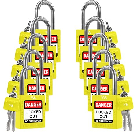 TRADESAFE Juego de 10 candados de seguridad de agrupación ilimitada con llaves amarillas, 2 llaves por cerradura, cerraduras Loto compatibles con OSHA, para kits de bloqueo de etiquetado