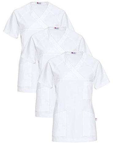 CLINIC DRESS Schlupfkasack 3er-Pack Damen Kasacks für Pflege Ärzte und Ärztinnen Praxisteam V-Ausschnitt Raglanärmel 95 Grad Wäsche weiß, S