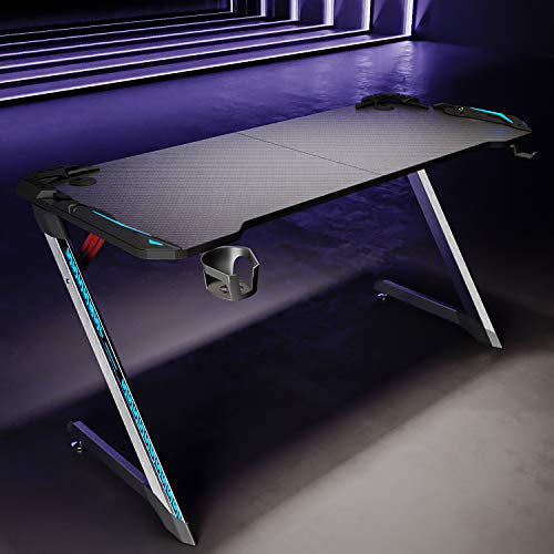 SIRHONA Bureau Gaming Table Ergonomique de Jeu 140x60x75 cm Bureau d'ordinateur PC Gaming Table en Fibre avec Eclairage RVB Porte Gobelet Support Casque
