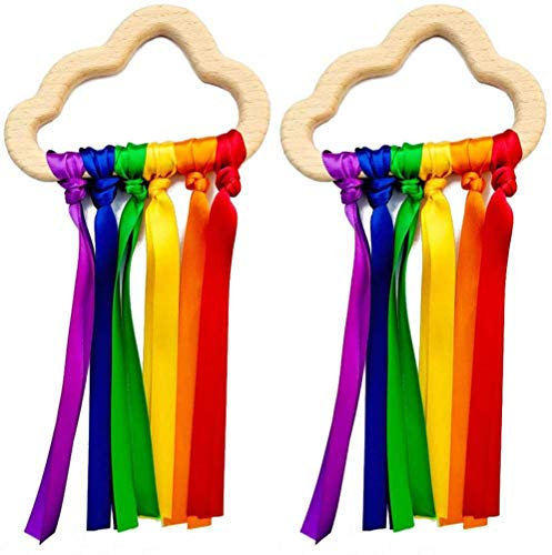 Tianbi 2 x Regenbogen-Holzband-Ring-Spielzeug, Baby-Beißring geborene, sensorisches Spielzeug, Wolkenband aus Holz, Kreis-Beißring, Spielzeug, Duschgeschenk, Ribbon Teethers 01
