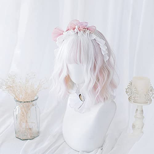 Cosplay-Perücke, Pastellfarben, Regenbogen, Ombre, Farbverlauf, Rosa, Blau, Grün, Perücke für Grills, kurz, gelockt, für Cosplay, Halloween, Harajuku Lolita Anime (Farbe: Weiß)