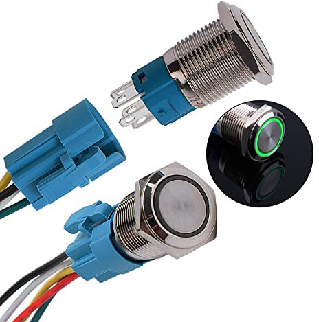 JIQI 2× 16mm 12V bis 24V 3A Verriegelung Druckschalter Metall Rastend EIN/AUS Schalter mit LED Licht IP66 1NO1NC Selbsthemmend wasserdicht vorverdraht Druckknopfschalter für Van KFZ DIY Motorrad(Grün)