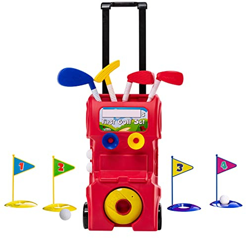 Franklin Sports Kids Toy Golf Set - MyFirst Plastic Golf Clubs + Balls Set for Kids + Toddlers - Mini Toy Righty + Lefty Golf Club Set - Includes Carry Case, (4) Balls + (4) Holes, Red