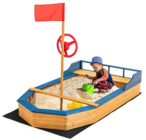 COSTWAY Arenero Infantil de Barco de Piratas,170 x 100 x 130 cm, Arenero Niños de Madera con Banco, Bandera, Timón y Alfombrilla Impermeable para Patio Césped Jardín Playa