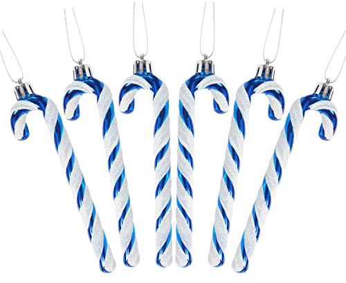 DERAYEE 6 PCS Christmas Glitter Candy Cane Plastic Candy Cane Christmas Tree Decorations for Xmas New Year Party Supplies (Blue&White)