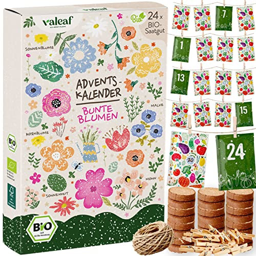 valeaf BIO Saatgut Adventskalender 2023 Blumen I 24 BIO Pflanzensamen Samen Adventskalender I Adventskalender Saatgut I Blumensamen Blumensaatgut Adventskalender Garten I Blumen Samen Saatgut Kalender