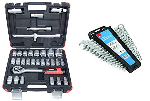 Hilka 01123202 32pce 1/2-inch Drive Socket Set & 17161602 Metric Combination Spanner Set
