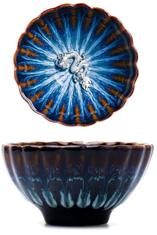 HOHCNA Tenmoku Glaze Kiln Change Jianzhan Teetasse, chinesische Kungfu-Teetasse mit silbernem Drachen, 118 ml