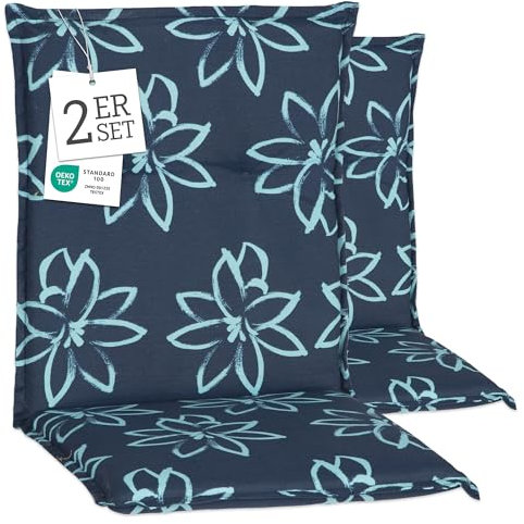 Beo Gartenstuhl-Auflagen Barcelona Niedriglehner 100 x 50 cm (2er-Pack) | Waschbare, UV-beständige Sitz-Kissen | Atmungsaktive Polster-Auflagen nach Öko-Tex Standard | Blaue Blumen | Made in EU