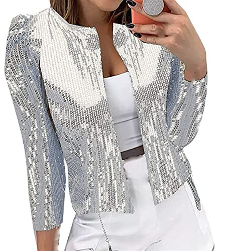 Sawmew Damen Pailletten Langarm Lang Blazer Jacke Open Front Glitzer Jackett Lang Oberteile Eleganter Party Outfits Oberbekleidung Mantel (Color : Silver, Size : S)