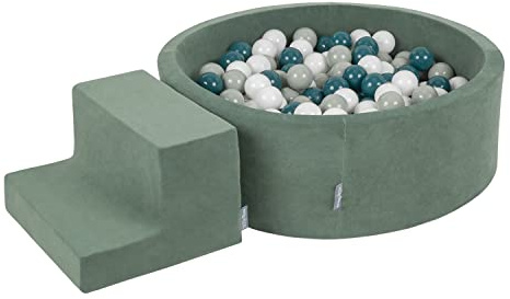 KiddyMoon Spielplatz Velvet Aus Schaumstoff Mit Rund Bällebad (100 Bälle) + Stüfchen Ballgruben Für Babys Spielbad, Hergestellt In EU, Dunkeltürkis/Grüngrau/Weiß