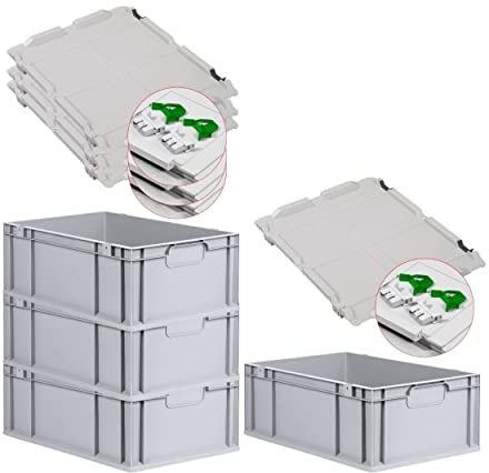 PROREGAL SuperSparSet 4x Eurobox NextGen Economy mit Scharnierdeckel & grünen Verschlüssen | Griffe geschlossen | HxBxT 22x40x60cm | 44 Liter | Eurobehälter Transportbox Transportbehälter