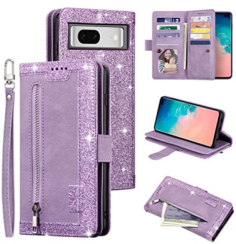 EYZUTAK Handyhülle für Google Pixel 7A Hülle,Flip Case Lederhülle Reißverschluss Magnetverschluss Brieftasche mit 9 Kartenfächern Standfuntion Retro Matt Ledertasche für Google 7a-Glitzer Lila