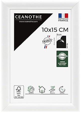 Ceanothe Cadre Photo 10x15 cm en Bois Blanc, Pour Exposition et Idéal pour Photo Souvenir et A6, Collection Essentiel Verre acrylique Incassable Fabriqué en France