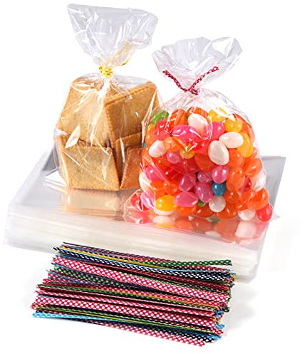 ihaspoko 15×10cm Cellophantüten klar, 100 Stück Klare Geschenktüten mit Twist Ties für Süßigkeiten Schokolade Bonbons Kekse