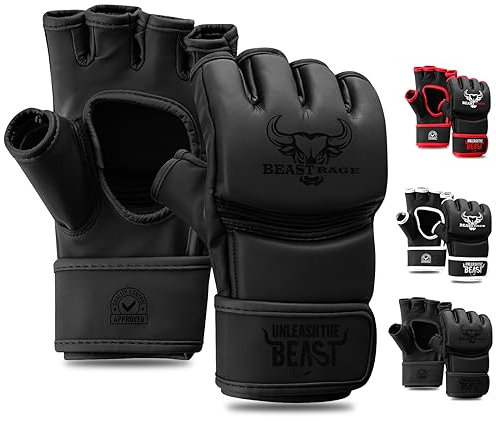 BEASTRAGE MMA Handschuhe für Männer und Frauen,Martial Arts Mitts Grappling Sparring,Ventilated Palm, VEGAN Leder, Cage Fighting, Muay Thai, Kickboxen, Boxsack, Boxen, Kickboxen (2XL, SCHWARZ)