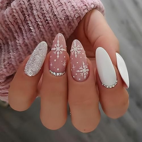 Carufin 24 Pcs Weihnachten Falsche Nägel Funkelnde Pailletten Schneeflocke Lange Runde Kopf Nagelpresse Auf Falsche Nägel (B)
