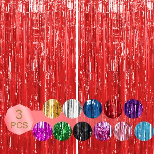 Fringe Foil Curtain - Red Fringe Foil Curtain for Girls Party Photo Backdrop Decorations,Birthday,Valentines Party Supplies, Photo Booth Backdrops Props,3Pcs 3.3ft X 6.6ft