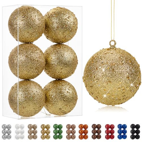 Oairse 10cm Large Christmas Bauble Ornaments 6 Pcs Shatterproof Big Gold Bauble for Xmas Tree Glitter Christmas Tree Ornaments for Halloween Holiday Wedding Party Decoration