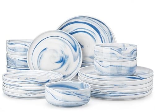 MALACASA, Serie LUNA, 18-teilig Blau Porzellan Tafelservice Kombiservice Geschirrset, je 6 Speiseteller, Dessertteller, Müslischalen für 6 Personen