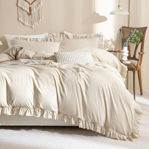 AShanlan Bettwäsche 220x240 Beige Rüschen Romantische Bettbezug 3 Teilig Microfaser Aesthetic Rüschen Bettwäsche Set mit 2 x Kissenbezug 80x80 cm Reißverschluss